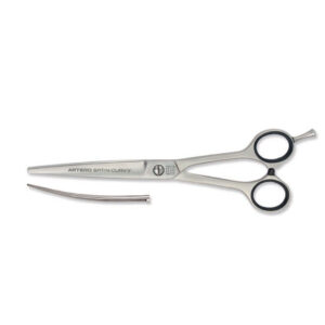 Artero Satin curved scissors with white back ground, for animal grooming in Anchorage, Alaska.
